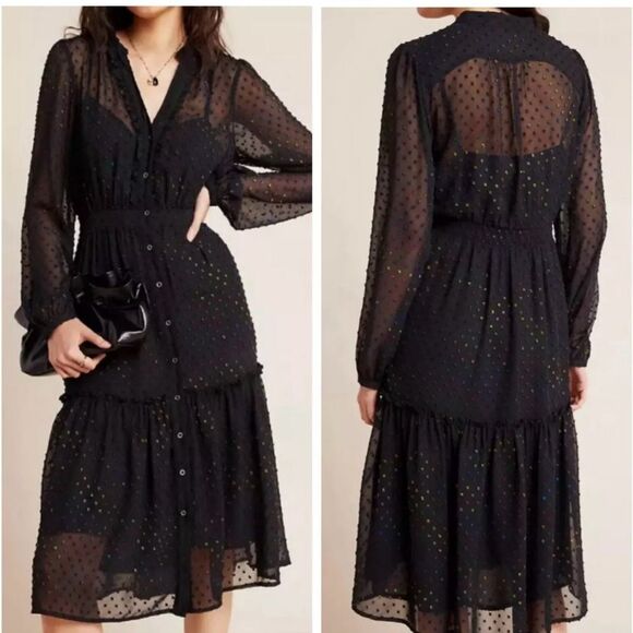 Anthropologie Dresses & Skirts - Anthropologie size 6 Audrey clip dot shirt dress in black whimsigoth tiered goth